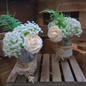Artificial Pink Roses and Babies Breath in Hessian Jars