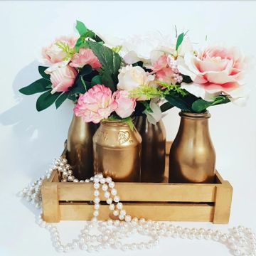 Crate with Four Gold Jars with Flowers