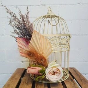 Birdcage - Cream Metal Round Small, Dried Flowers