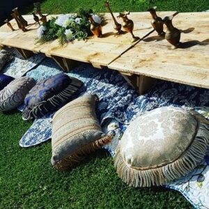Low Lying Rustic Trestle Picnic Tables, Natural