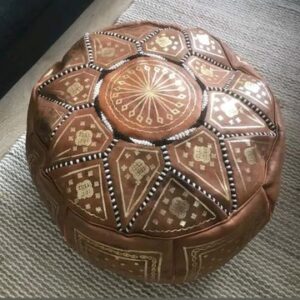 Moroccan Leather Ottoman, Tan and Gold