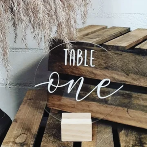 Table Numbers - Acrylic, Round with Wooden Base, White Text