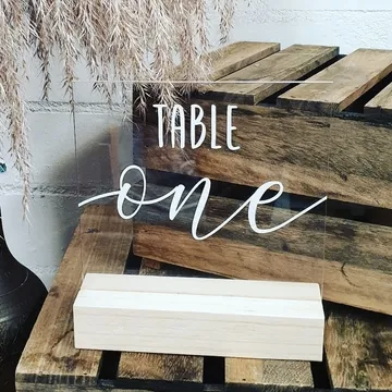 Table Numbers - Acrylic, Square with Wooden Base, White Text