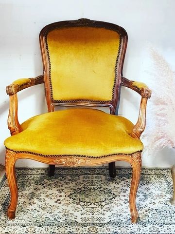 Wood Carved Frame, Mustard Velvet Carvers Chair