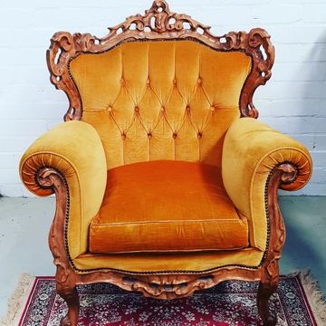 Wood Carved Frame, Mustard Velvet Wingback Arm Chair