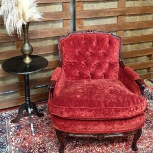 Wood Carved Frame, Red Velvet, Buttoned Armchair