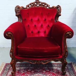 Wood Carved Frame, Red Velvet Wingback Arm Chair