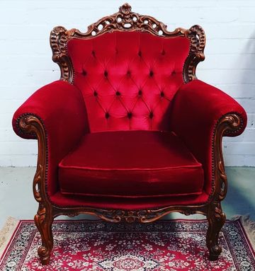 Wood Carved Frame, Red Velvet Wingback Arm Chair